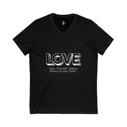 Love V-Neck Tee for All Occasions, Inspirational T-Shirt, Faith-Based Apparel, Motivational Gift, Short Sleeve Top