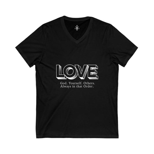 Love V-Neck Tee for All Occasions, Inspirational T-Shirt, Faith-Based Apparel, Motivational Gift, Short Sleeve Top